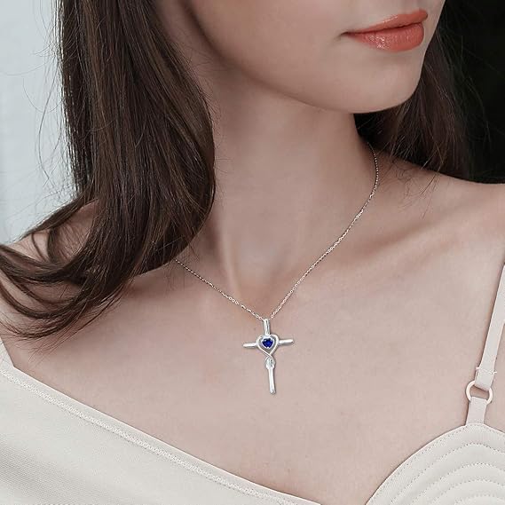 Sapphiree Heart Stone Cross Necklace | White Gold