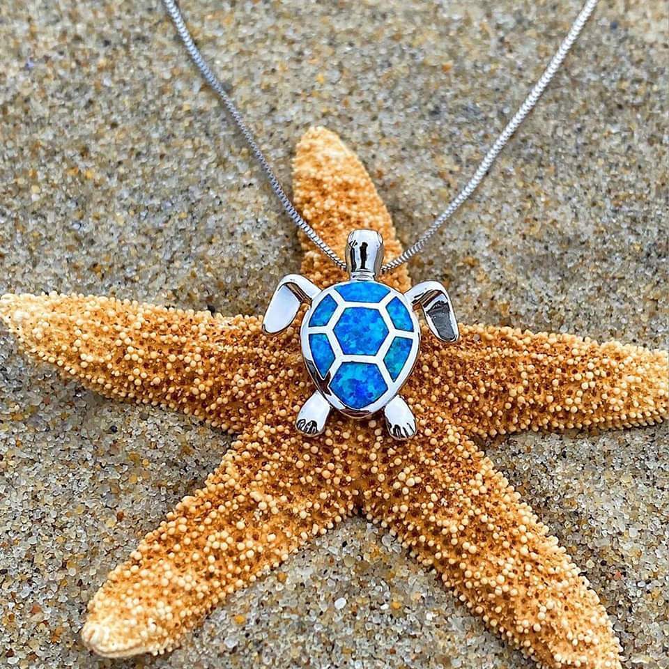 Opal and Silver Sea Turtle Necklace with Matching Earrings Set