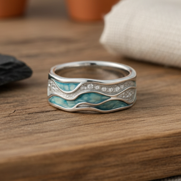 Elegant Silver & Turquoise Waves Ring