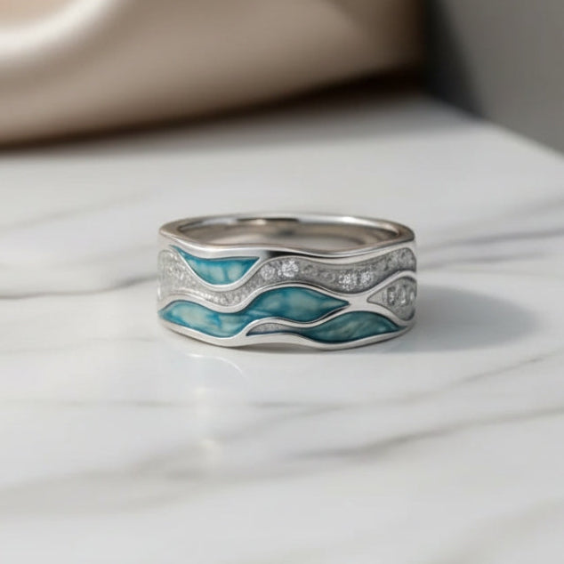 Elegant Silver & Turquoise Waves Ring