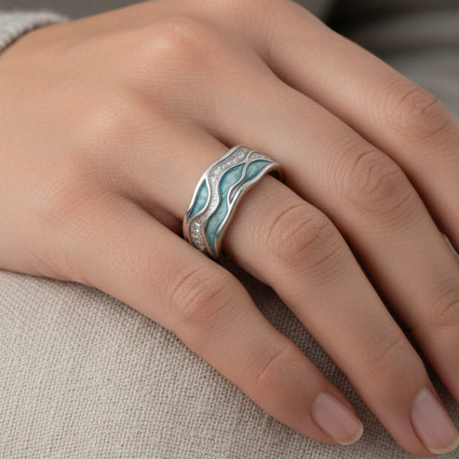 Elegant Silver & Turquoise Waves Ring