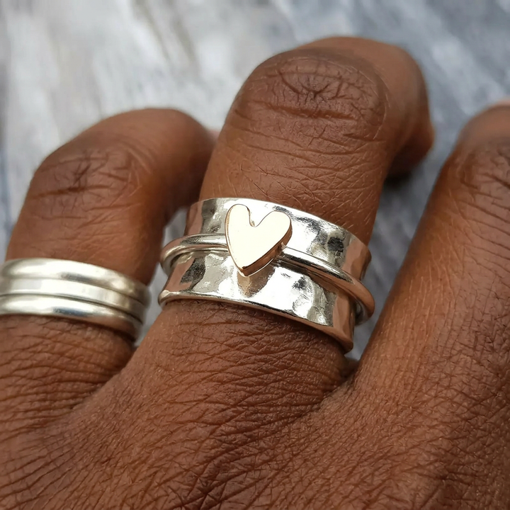 Golden Heart Silver Ring