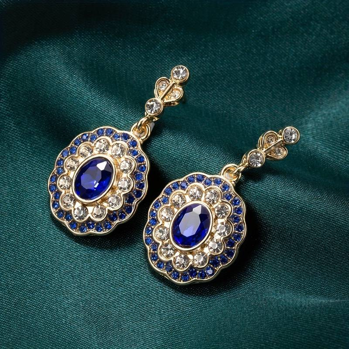 Vintage Gold Earrings with Blue Crystal Mandala
