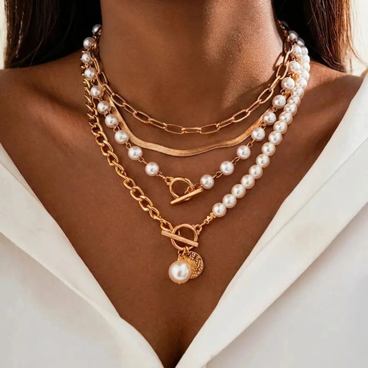 Vintage Pearl & Gold Snake Chain Necklace Set | Gold