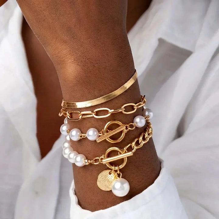 Chic Gold 4-Piece Bracelet Set – Snake, Pearls & Links | Gold